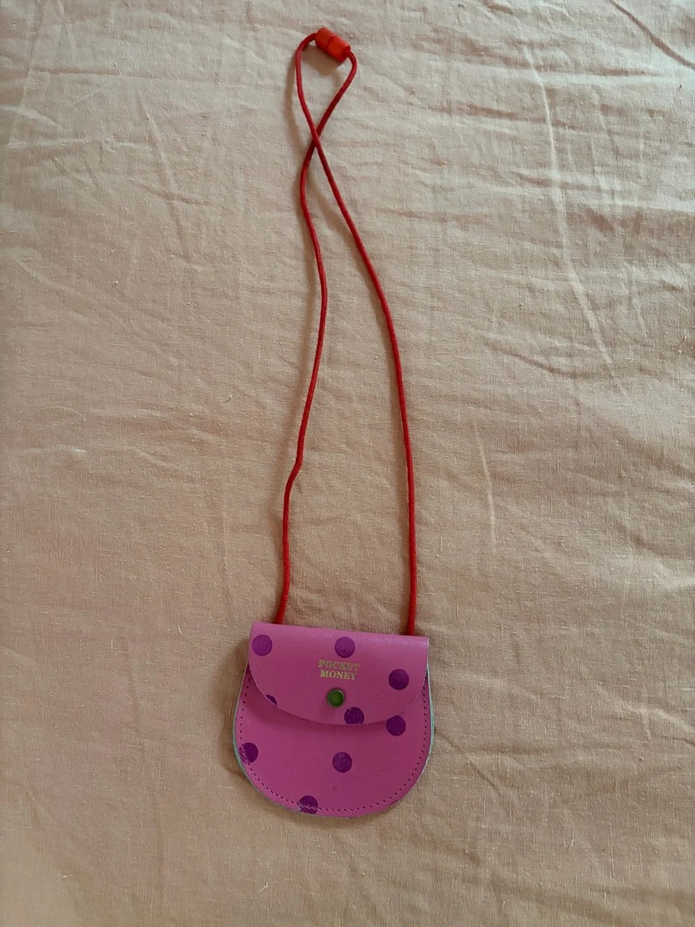 Kids Pink Polka Dot Neck Pouch with Red Cord